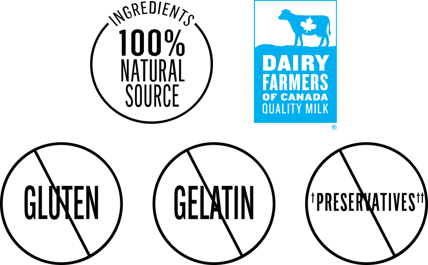 Logo of 100% natural source, no gluten, gelatin, Dairy Farmers of Canada.